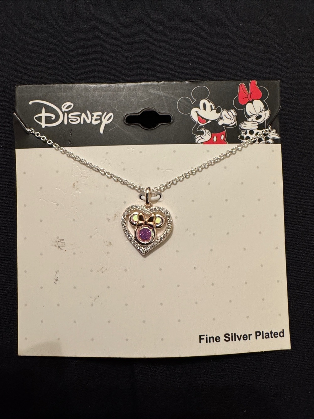 Disney Minnie Cubic Zirconia Aurora Borealis Heart Rose Gold Bow Necklace